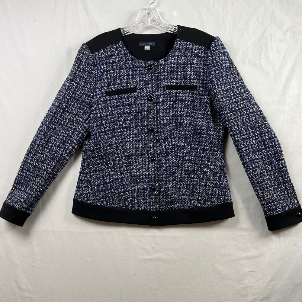 Tommy Hilfiger Tweed Jacket Women 12 Blue Black Metallic Blazer Classic Business